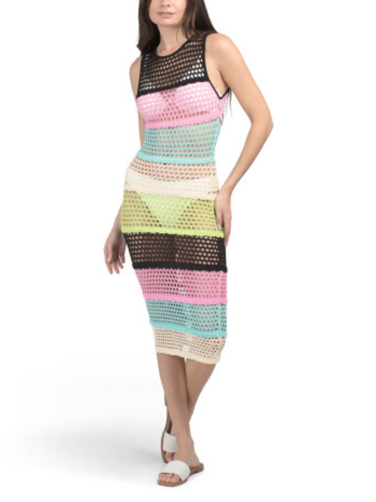 Pq Swim Crochet Mesh Cover Up Dress Nwt Xs/S Multicolor Stripe Retail $144